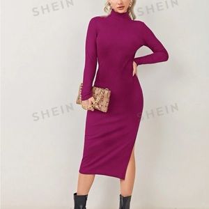 SHEIN red violet stand collar side slit bodycon dress